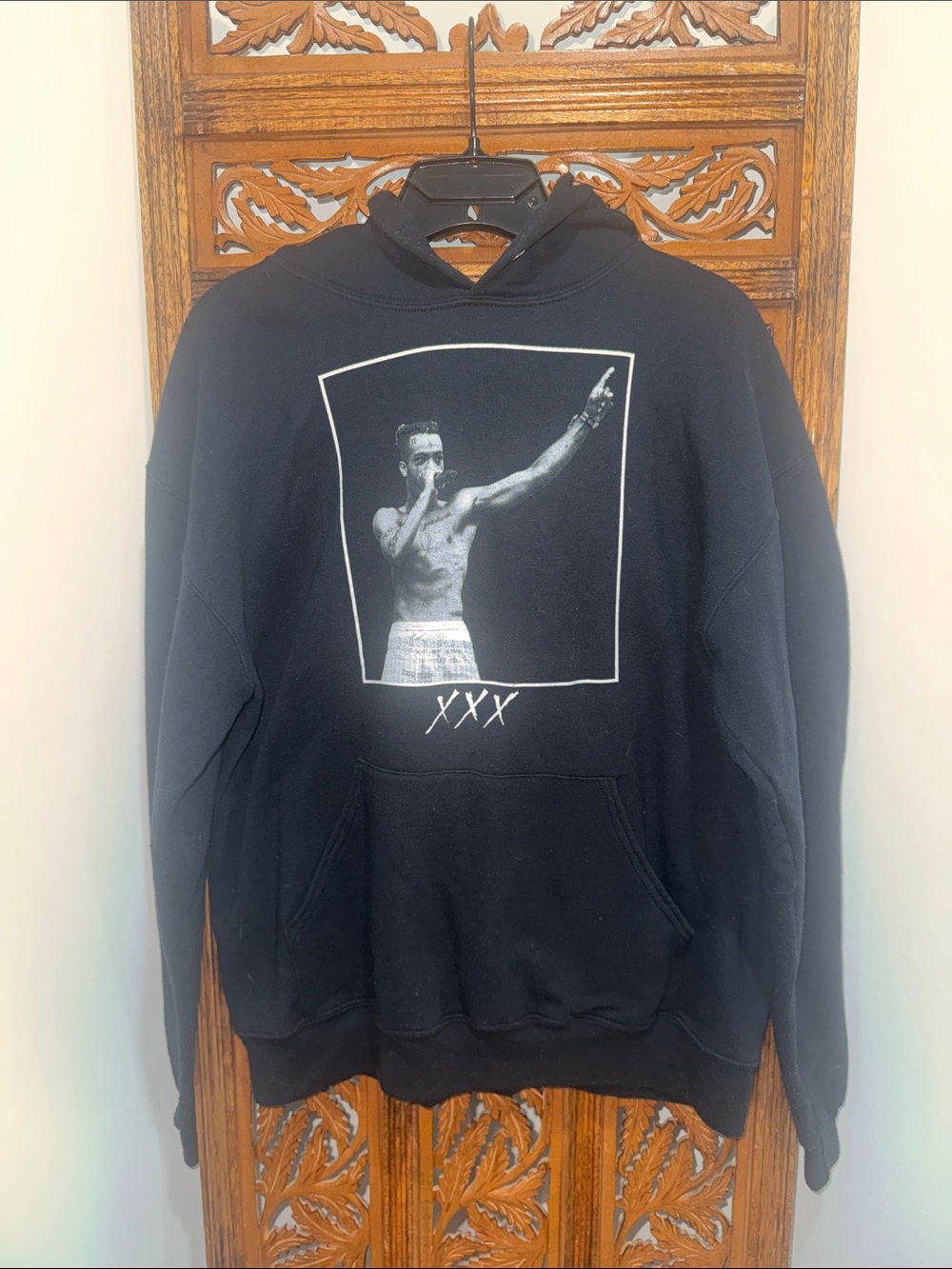 Men's Black Graphic Pullover Hoodie with Front Photo Print